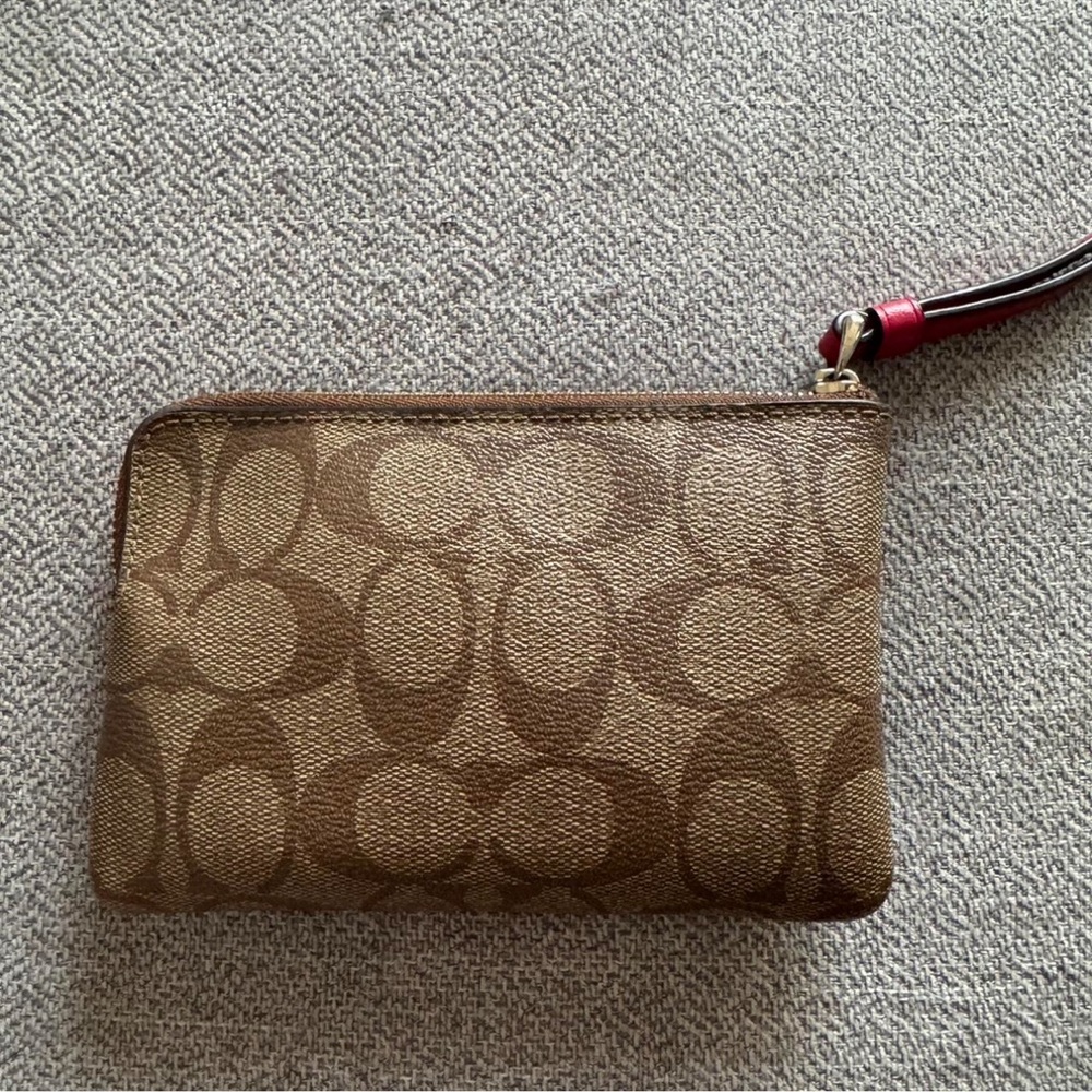 Coach Brown Signature Canvas Wristlet with Red Accent